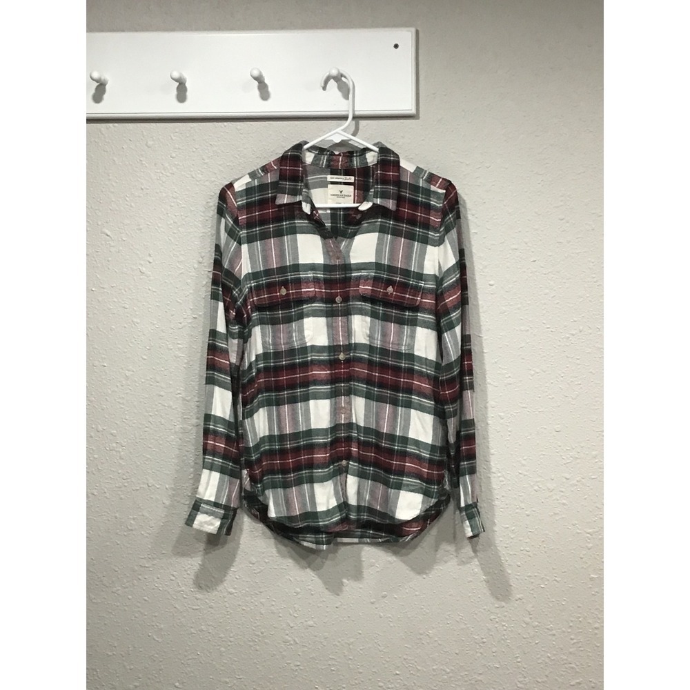 American Eagle Ahh-Mazingly Soft Red Green Plaid Flannel Shirt Women's M Cozy - Picture 2 of 7